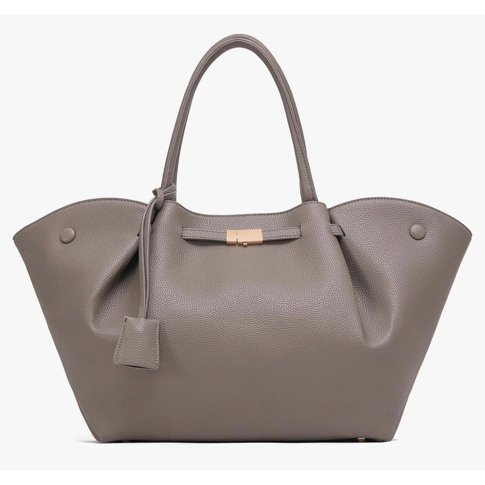 Newbella Women Taupe Grey Pebbled Vegan Leather Winged Tote Bag Laptop Friendly